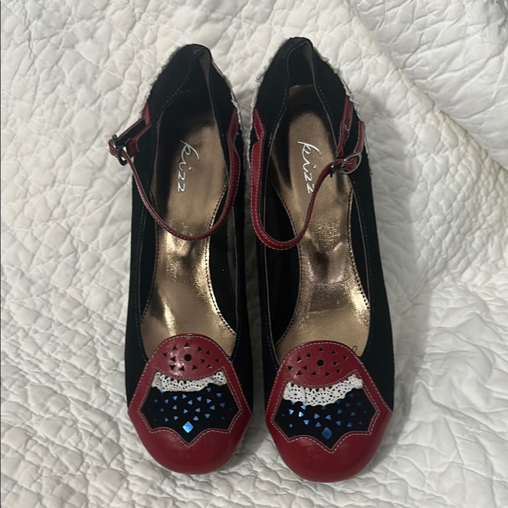 Black and Red Wedge Shoes with Decorative Toe